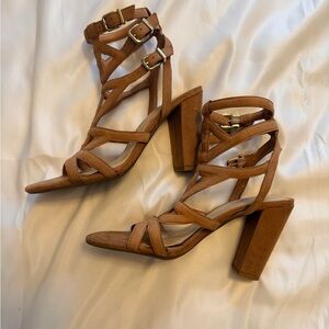 Gianni Bini Tan Suede Strappy Block Heel Sandals | Size 8.5M